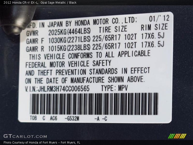 2012 CR-V EX-L Opal Sage Metallic Color Code G532M