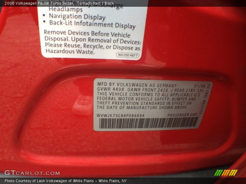 Tornado Red / Black 2008 Volkswagen Passat Turbo Sedan