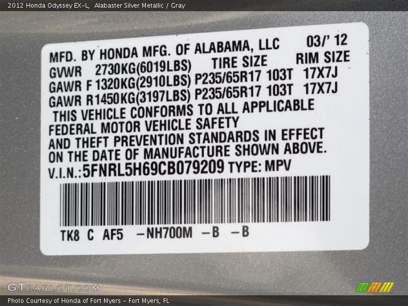 Alabaster Silver Metallic / Gray 2012 Honda Odyssey EX-L