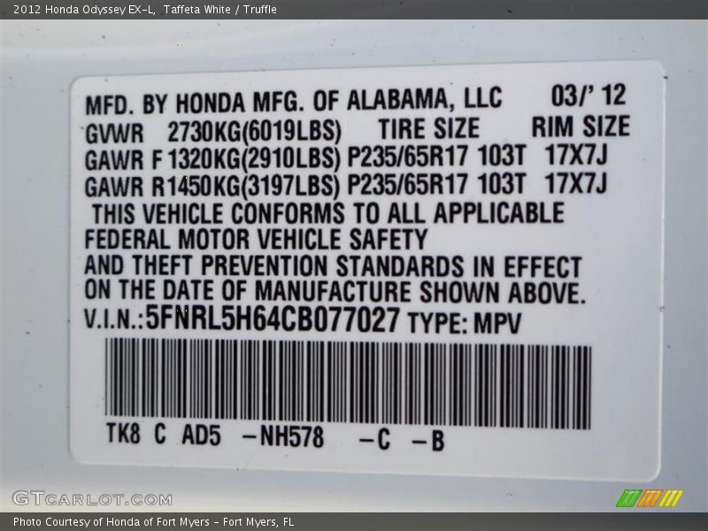 Taffeta White / Truffle 2012 Honda Odyssey EX-L