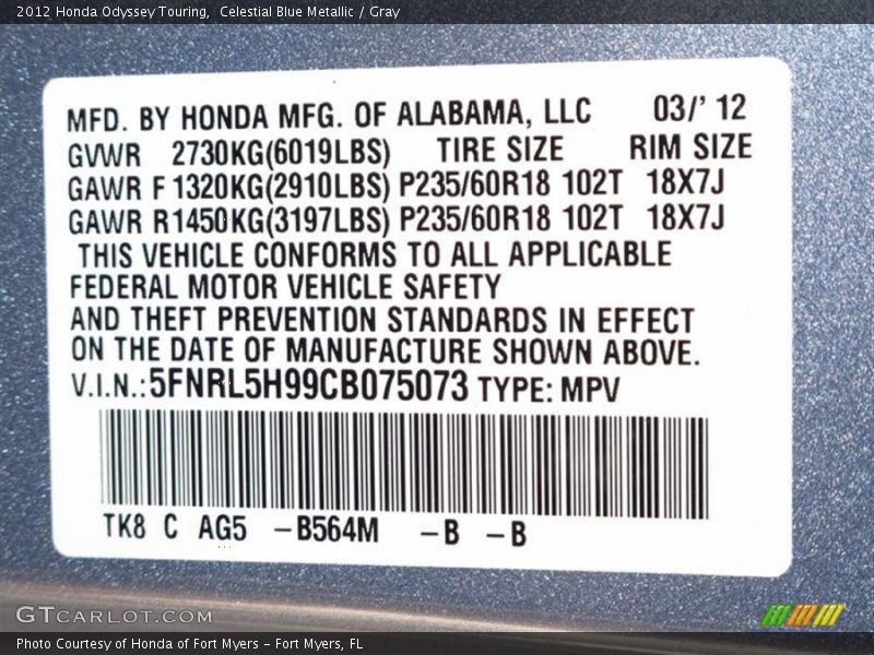 2012 Odyssey Touring Celestial Blue Metallic Color Code B564M