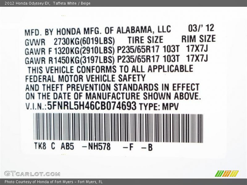 Taffeta White / Beige 2012 Honda Odyssey EX