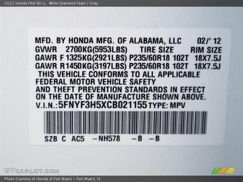White Diamond Pearl / Gray 2012 Honda Pilot EX-L