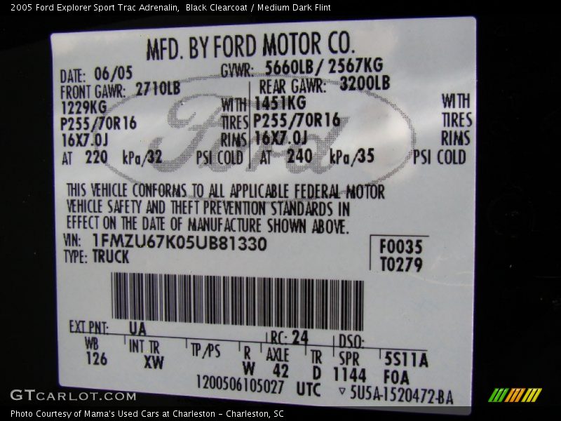 2005 Explorer Sport Trac Adrenalin Black Clearcoat Color Code UA