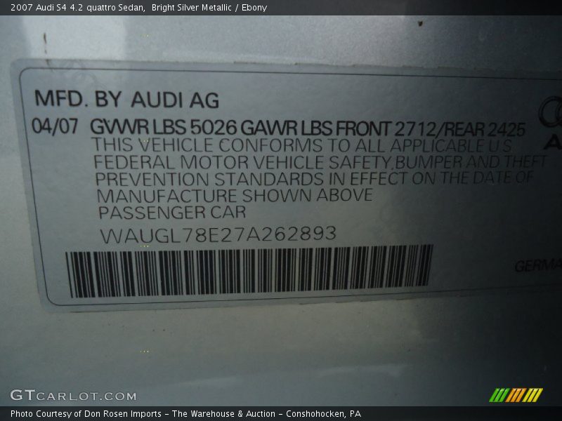 Bright Silver Metallic / Ebony 2007 Audi S4 4.2 quattro Sedan