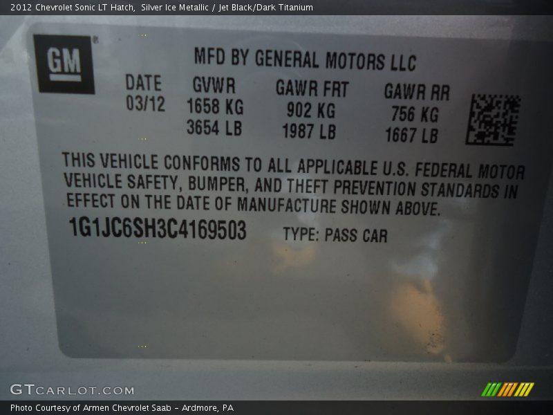 Silver Ice Metallic / Jet Black/Dark Titanium 2012 Chevrolet Sonic LT Hatch