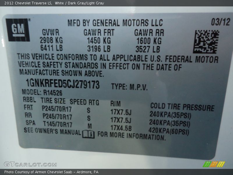 White / Dark Gray/Light Gray 2012 Chevrolet Traverse LS