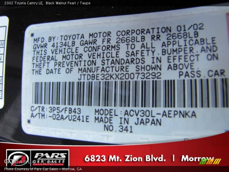 Black Walnut Pearl / Taupe 2002 Toyota Camry LE