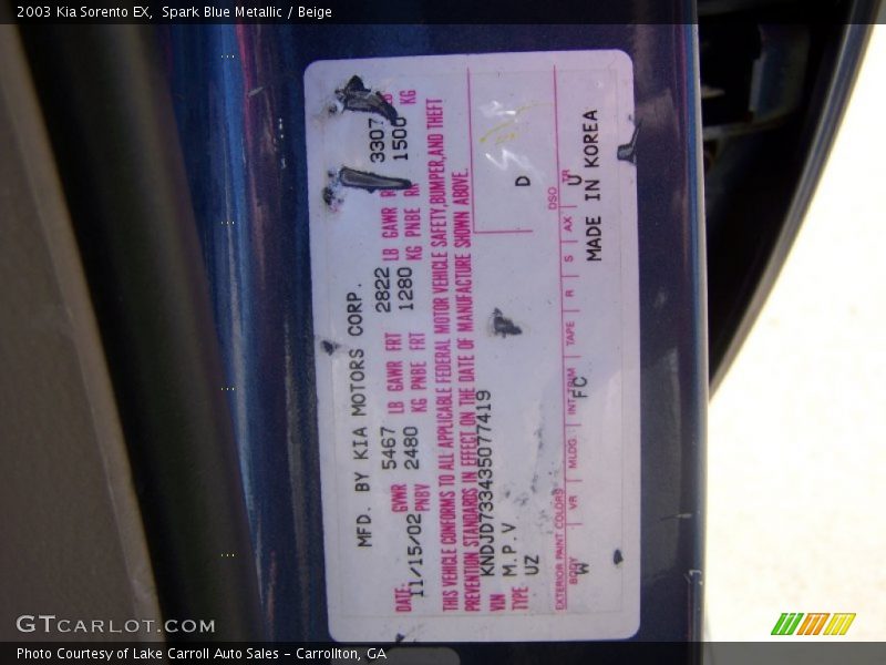 Spark Blue Metallic / Beige 2003 Kia Sorento EX