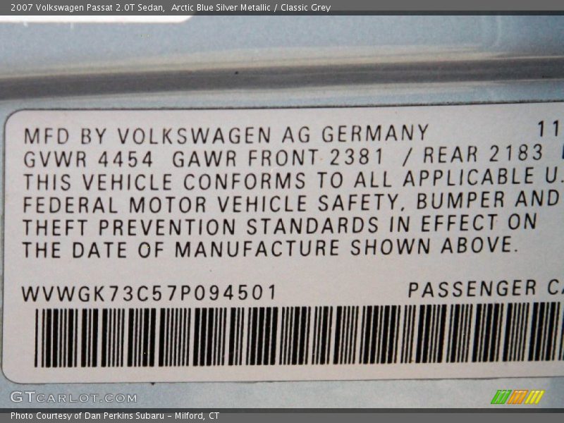 Arctic Blue Silver Metallic / Classic Grey 2007 Volkswagen Passat 2.0T Sedan