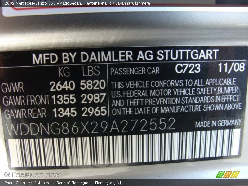 2009 S 550 4Matic Sedan Pewter Metallic Color Code 723