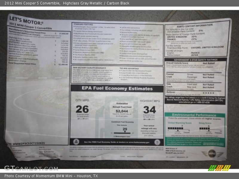  2012 Cooper S Convertible Window Sticker