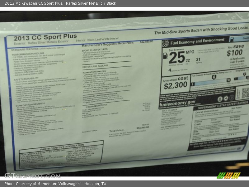  2013 CC Sport Plus Window Sticker
