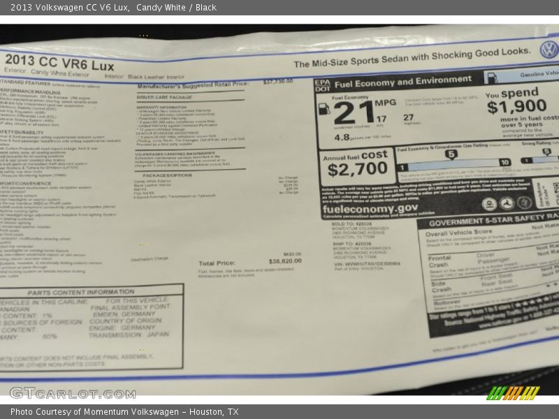  2013 CC V6 Lux Window Sticker