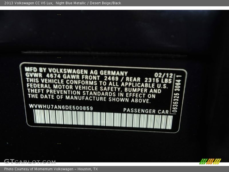 Night Blue Metallic / Desert Beige/Black 2013 Volkswagen CC V6 Lux