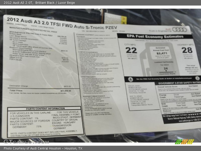  2012 A3 2.0T Window Sticker