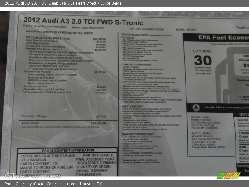  2012 A3 2.0 TDI Window Sticker