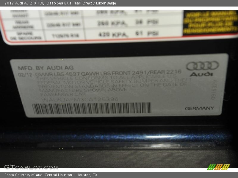 Deep Sea Blue Pearl Effect / Luxor Beige 2012 Audi A3 2.0 TDI