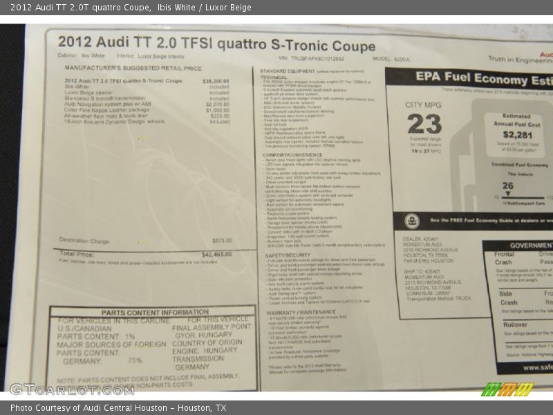  2012 TT 2.0T quattro Coupe Window Sticker