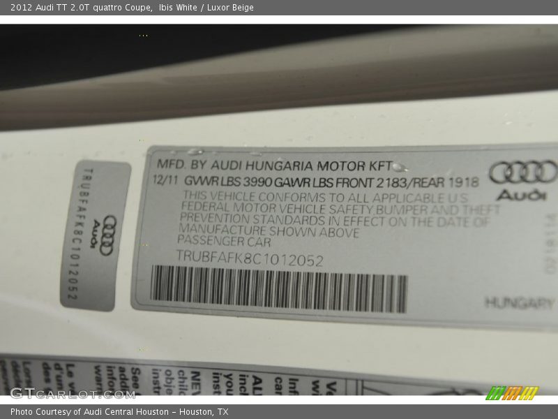 Ibis White / Luxor Beige 2012 Audi TT 2.0T quattro Coupe