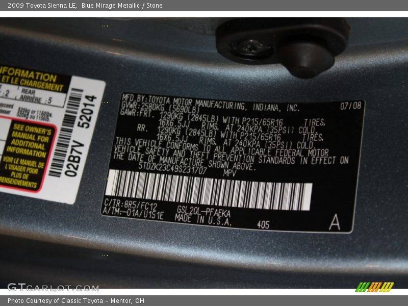 Blue Mirage Metallic / Stone 2009 Toyota Sienna LE