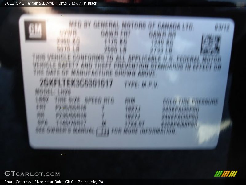 Onyx Black / Jet Black 2012 GMC Terrain SLE AWD