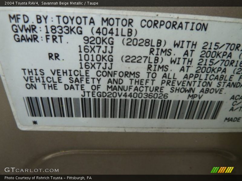Savannah Beige Metallic / Taupe 2004 Toyota RAV4