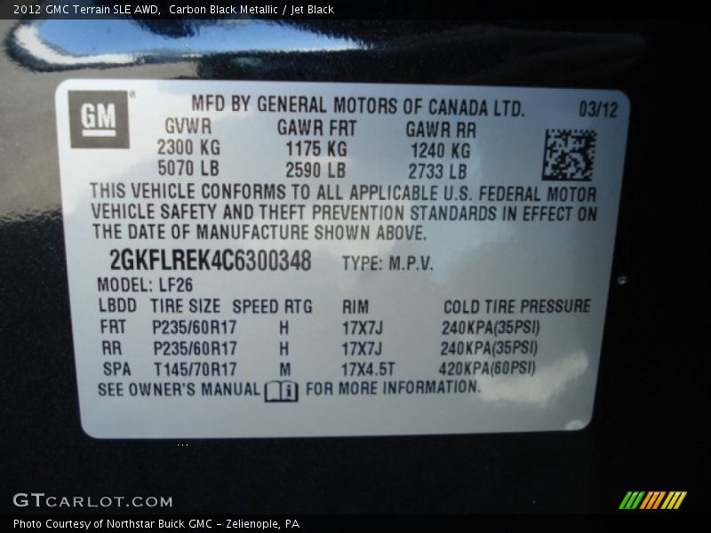 Carbon Black Metallic / Jet Black 2012 GMC Terrain SLE AWD