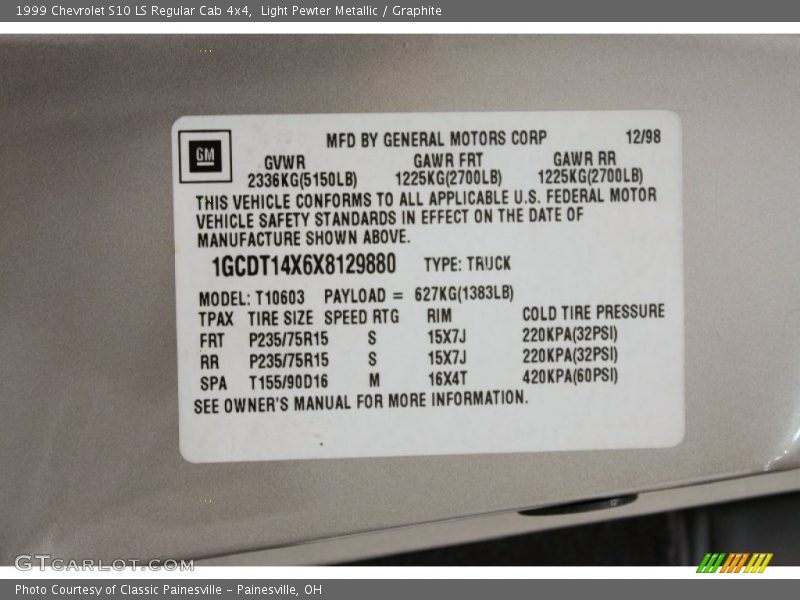 Info Tag of 1999 S10 LS Regular Cab 4x4