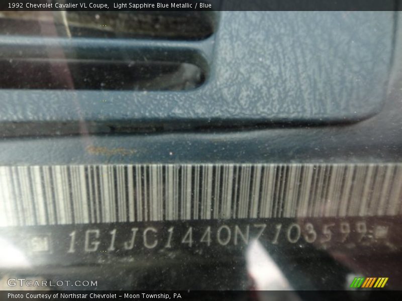 Light Sapphire Blue Metallic / Blue 1992 Chevrolet Cavalier VL Coupe