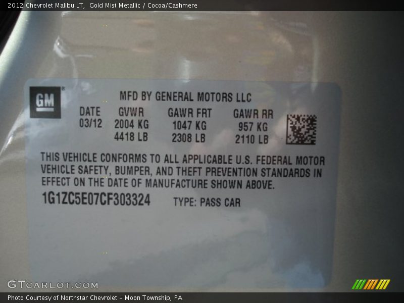 Gold Mist Metallic / Cocoa/Cashmere 2012 Chevrolet Malibu LT