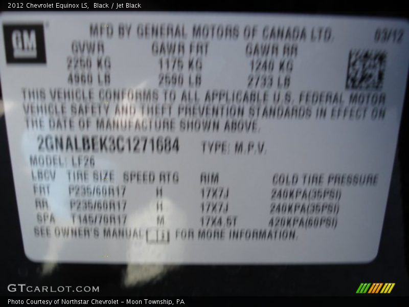 Black / Jet Black 2012 Chevrolet Equinox LS