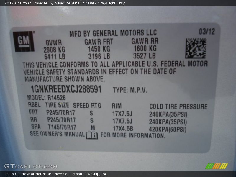 Silver Ice Metallic / Dark Gray/Light Gray 2012 Chevrolet Traverse LS