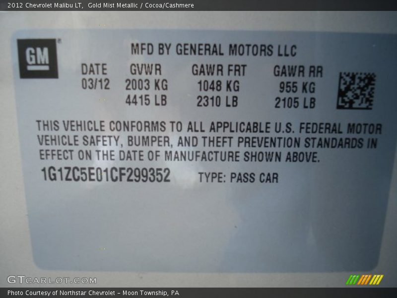 Gold Mist Metallic / Cocoa/Cashmere 2012 Chevrolet Malibu LT