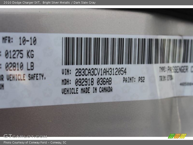 2010 Charger SXT Bright Silver Metallic Color Code PS2