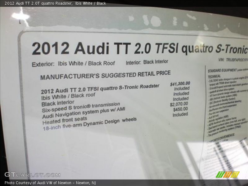  2012 TT 2.0T quattro Roadster Window Sticker
