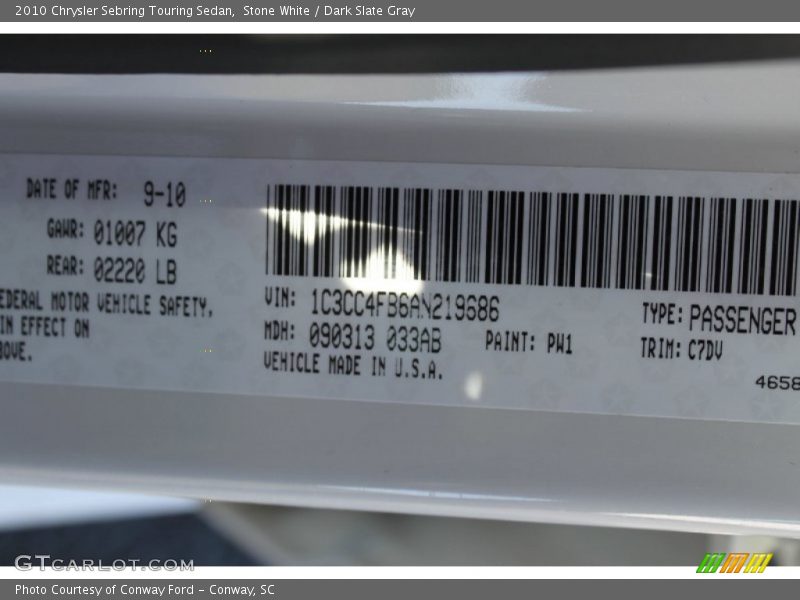 Stone White / Dark Slate Gray 2010 Chrysler Sebring Touring Sedan