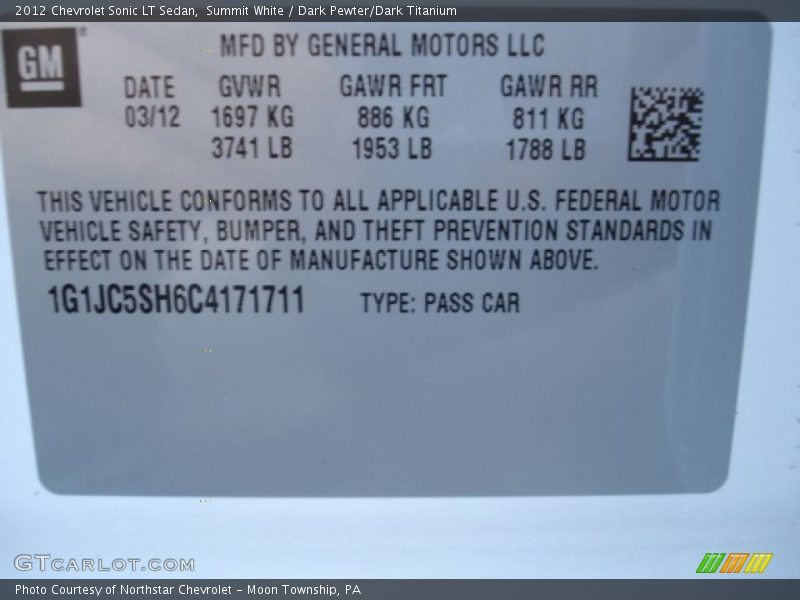 Summit White / Dark Pewter/Dark Titanium 2012 Chevrolet Sonic LT Sedan