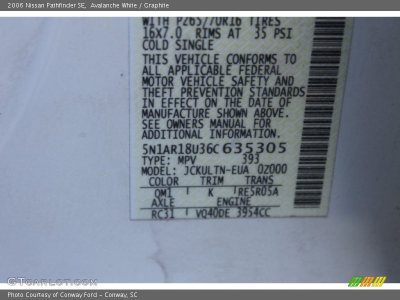 Avalanche White / Graphite 2006 Nissan Pathfinder SE