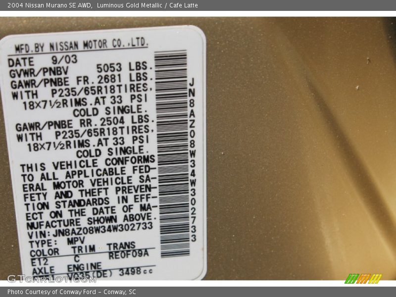 2004 Murano SE AWD Luminous Gold Metallic Color Code E12
