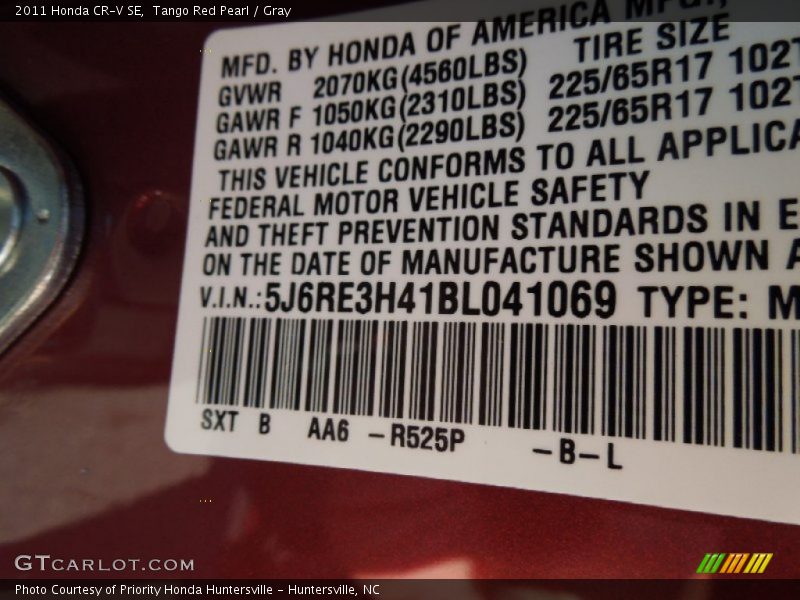 Tango Red Pearl / Gray 2011 Honda CR-V SE