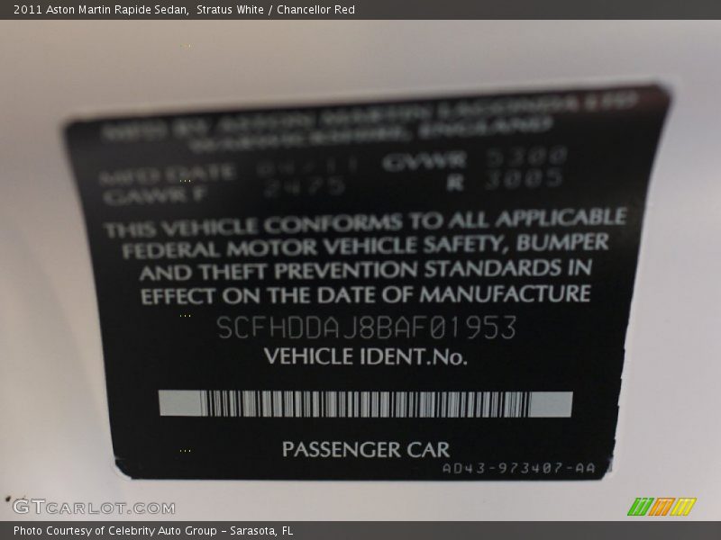 Stratus White / Chancellor Red 2011 Aston Martin Rapide Sedan