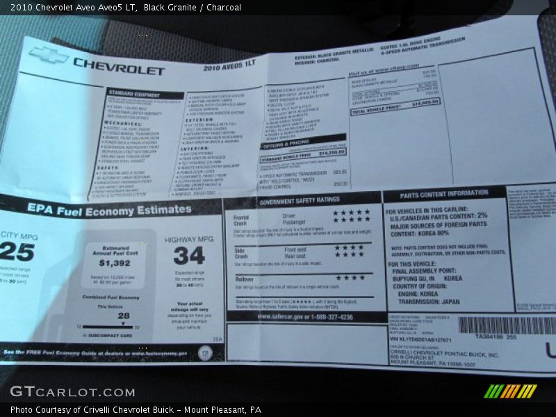  2010 Aveo Aveo5 LT Window Sticker