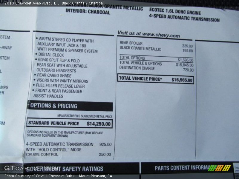  2010 Aveo Aveo5 LT Window Sticker