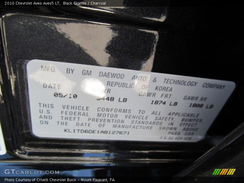 Info Tag of 2010 Aveo Aveo5 LT