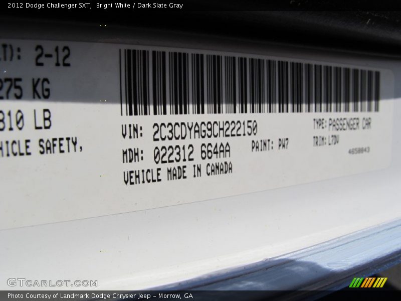 Bright White / Dark Slate Gray 2012 Dodge Challenger SXT