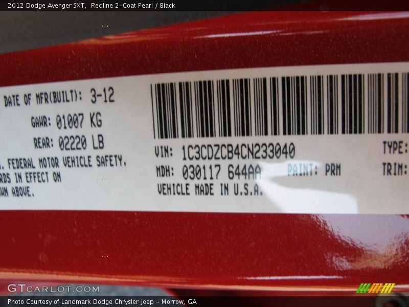 Redline 2-Coat Pearl / Black 2012 Dodge Avenger SXT