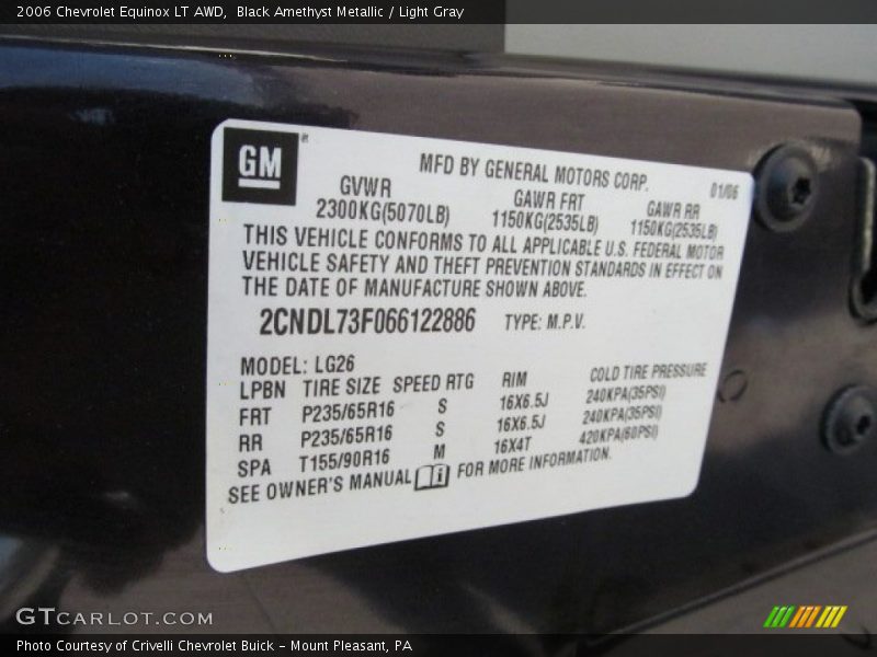 Black Amethyst Metallic / Light Gray 2006 Chevrolet Equinox LT AWD