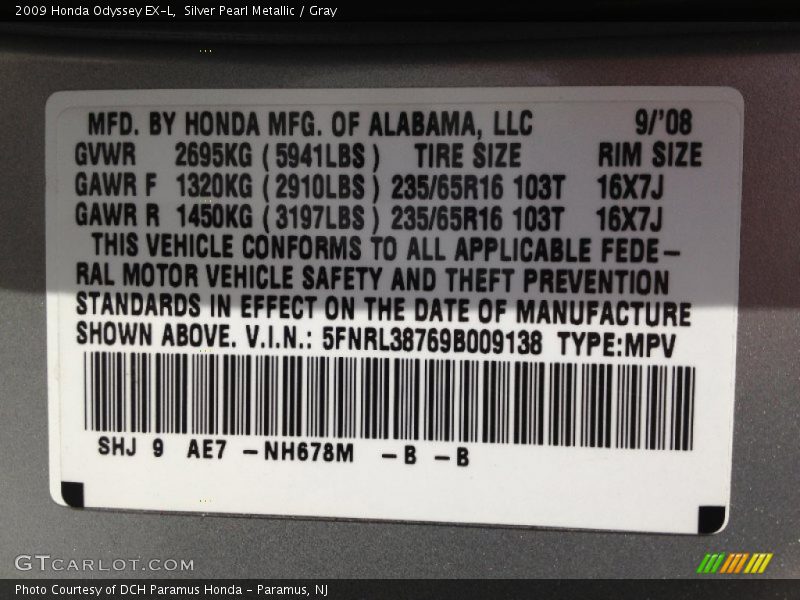 Silver Pearl Metallic / Gray 2009 Honda Odyssey EX-L