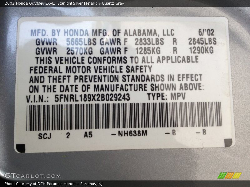 Starlight Silver Metallic / Quartz Gray 2002 Honda Odyssey EX-L